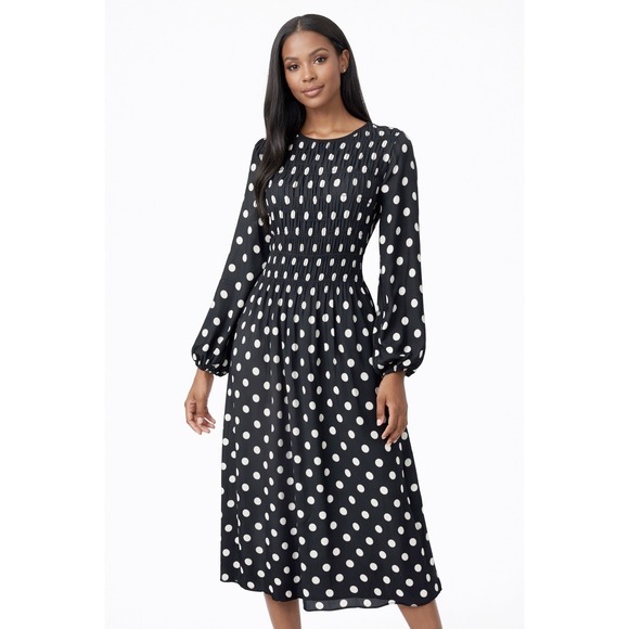 H&M Dresses & Skirts - H&M Polka Dot Smocked Midi Dress Black White Long Sleeve M Rockabilly Chic 51-29